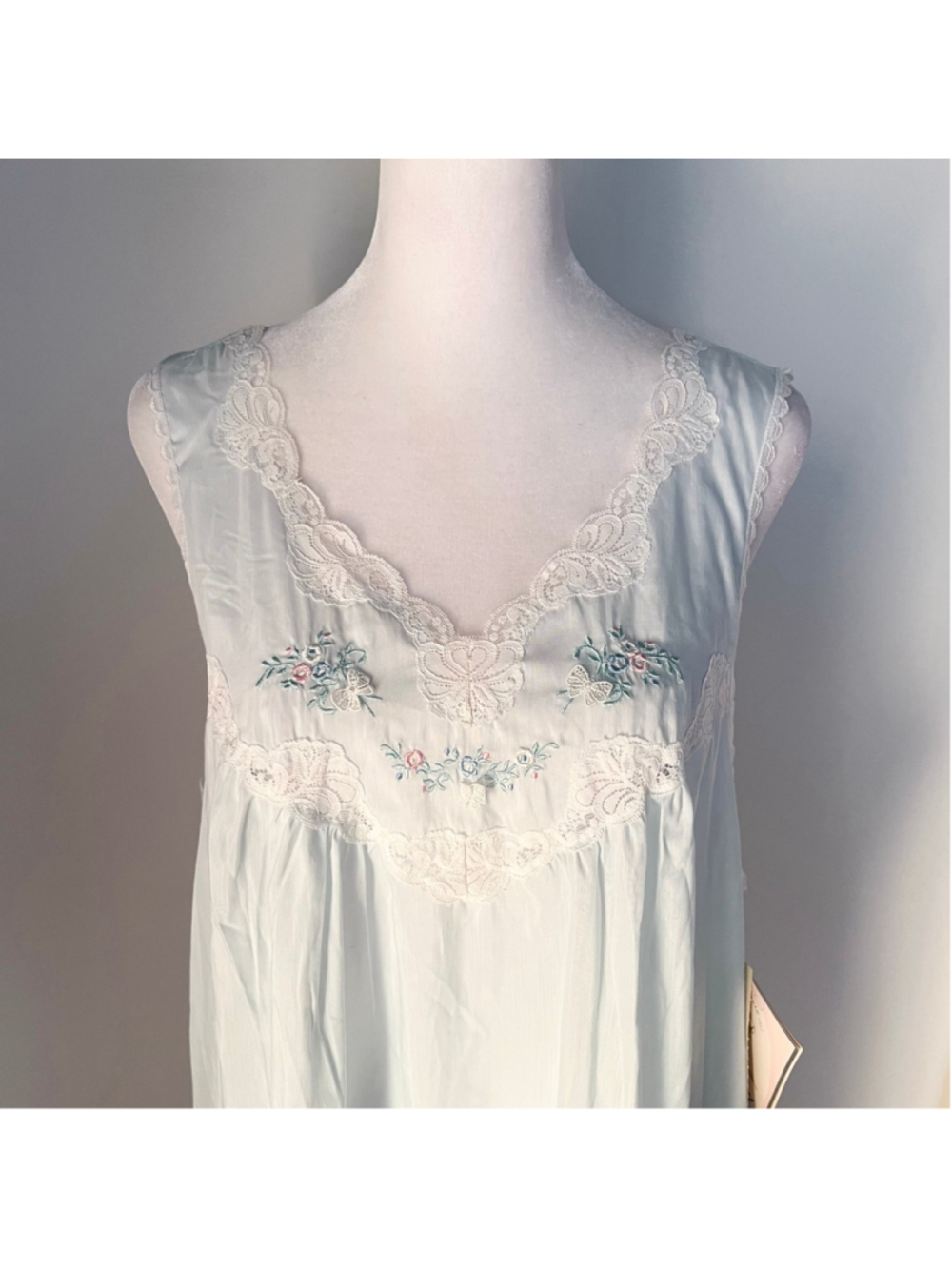 Vtg Barbizon Peignoir Set Size L Blue Floral Nightgown Robe Lace Embroidered NWT - Picture 10 of 15